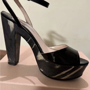 Prada Black Patent Platform Sandal with Beige Brushstroke Details